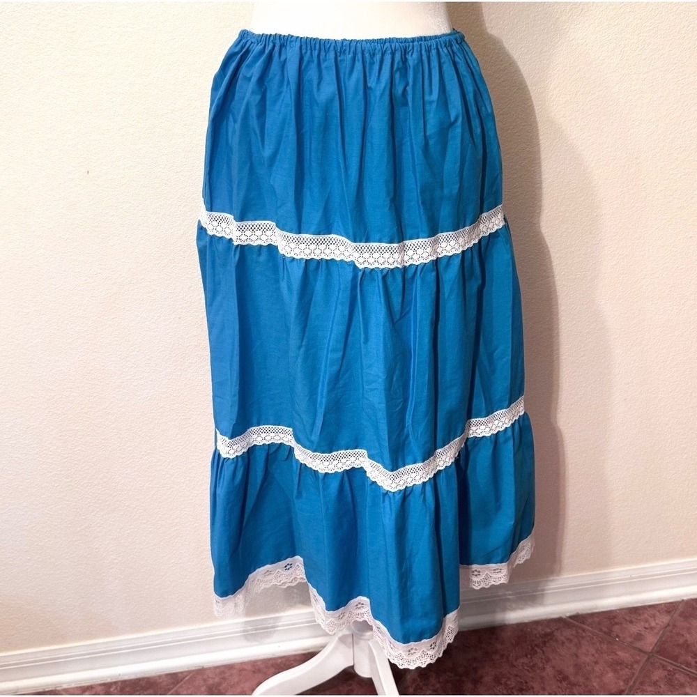 Vintage Tiered Midi Skirt Womens Size 12 Blue Lace Trim Boho Chic